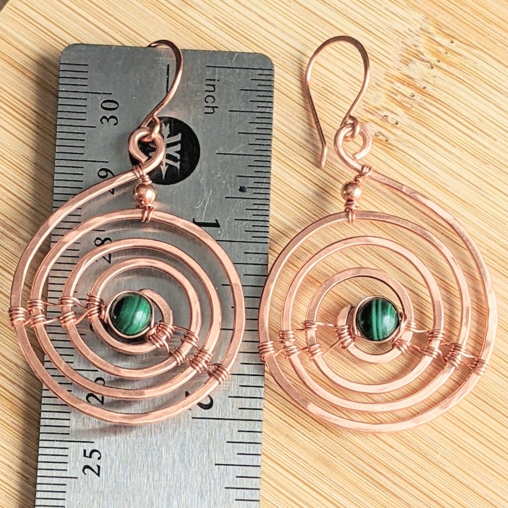 Industrial Urban Copper Spiral Earrings Natural Malachite Gems Earthy Bold - Picture 7 of 12